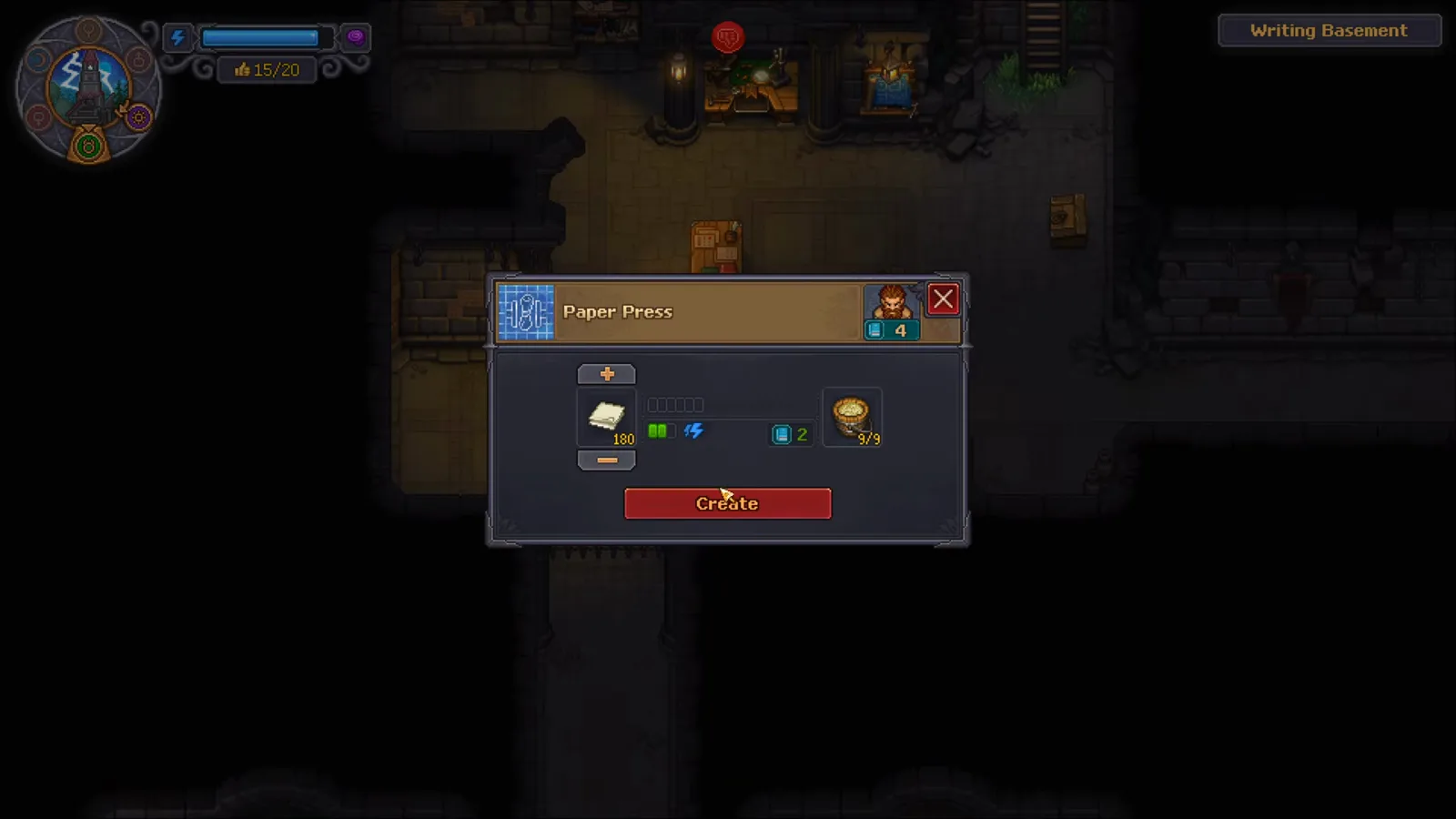 Graveyard Keeper 2のPaper Press製作窓。180枚のClean PaperバッチがCreate可能な状態
