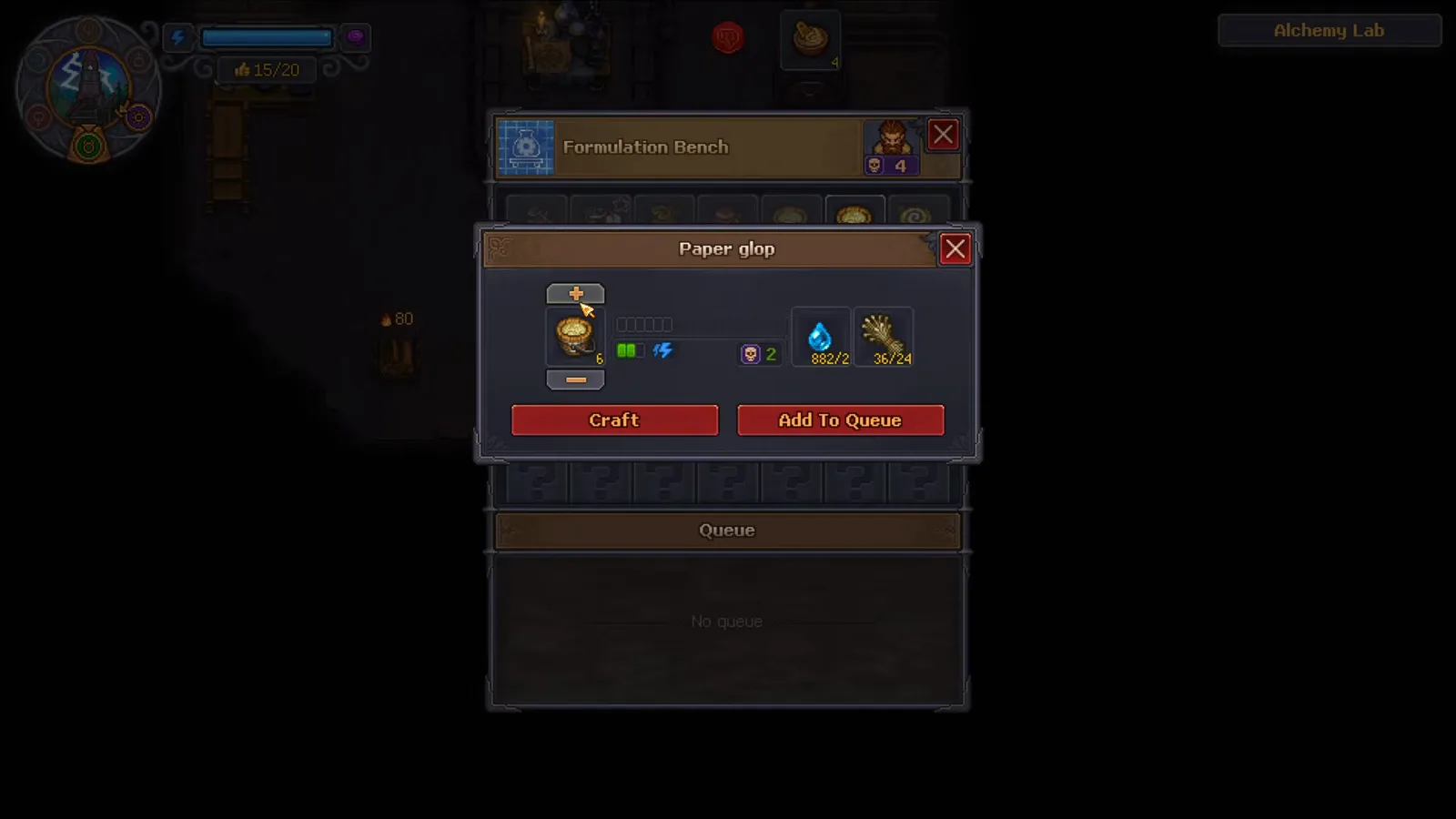 Graveyard Keeper 2のFormulation Bench窓。Paper glopレシピがFlax 24と水2を要求している