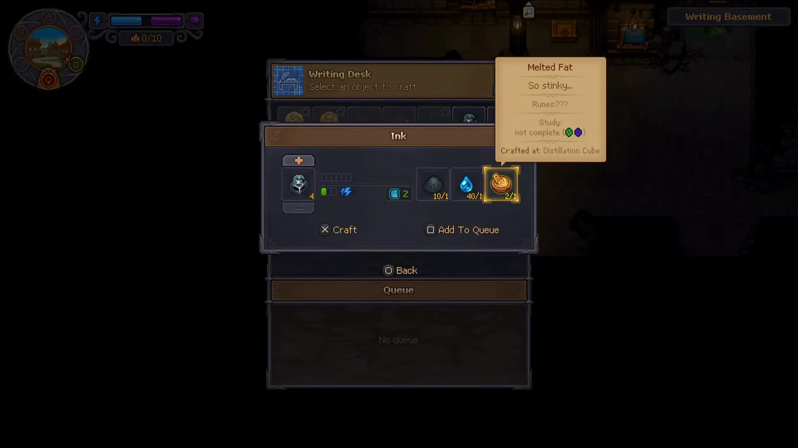 Graveyard Keeper 2のWriting DeskのInkレシピ。Melted FatのツールチップがDistillation Cubeを指す