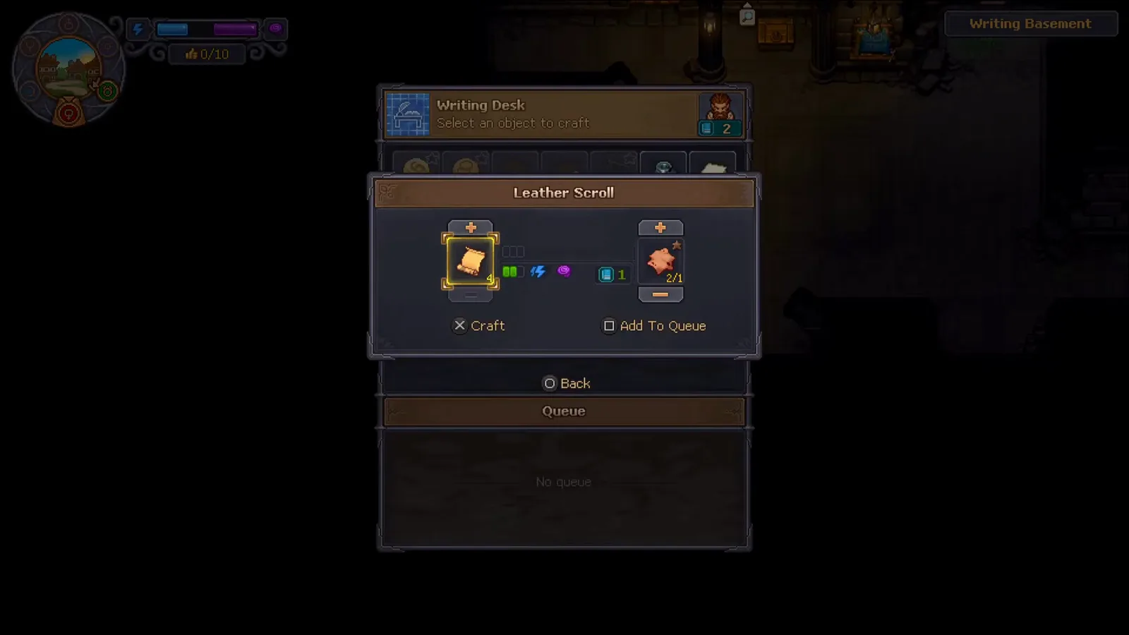 Graveyard Keeper 2のWriting Desk窓。Leather ScrollレシピがSkin 1を消費してスクロール4を作る