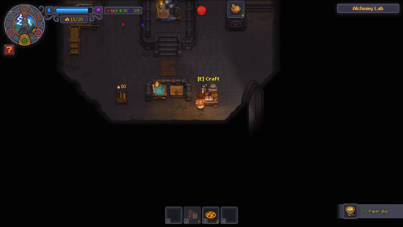Graveyard Keeper 2のAlchemy Lab。製造後にプラス9のPaper glopピックアップ表示