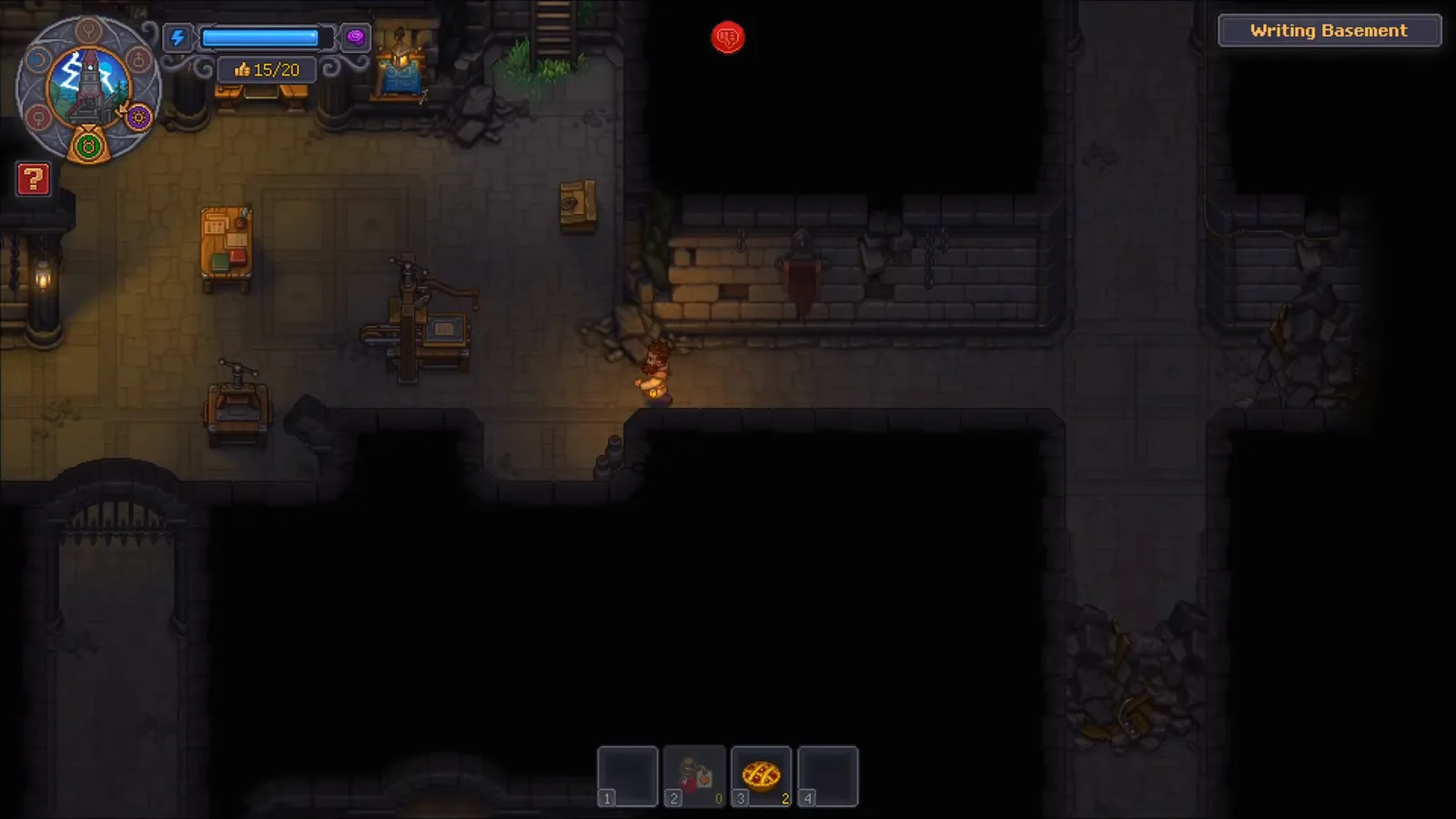 Graveyard Keeper 2のWriting Basement。Writing Deskの隣にPaper Pressの機械が見える