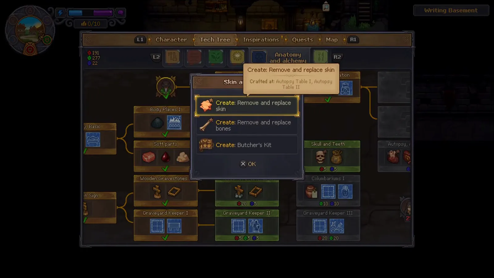 Graveyard Keeper 2のAnatomy and alchemyツリー。皮の研究パネルがAutopsy Table IとIIを挙げる