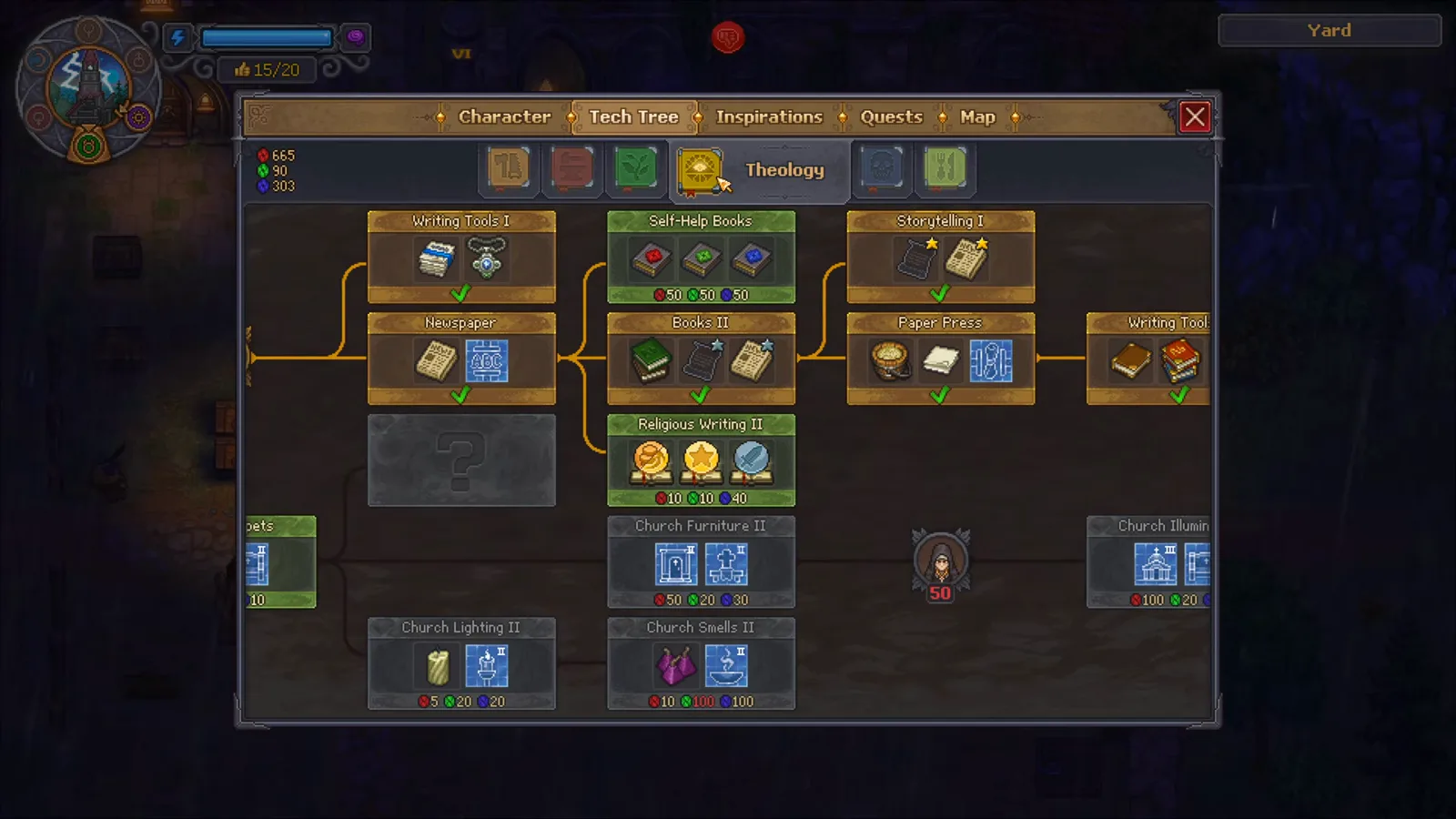 Graveyard Keeper 2のTech Tree。Theologyタブを開き、Books IIの隣に解放済みのPaper Pressノードが見える