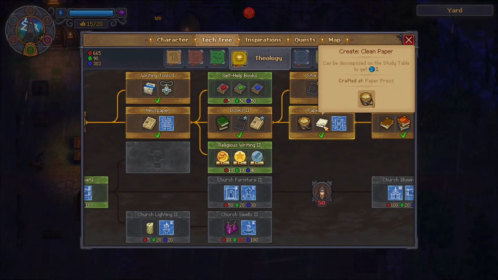 Graveyard Keeper 2のTheologyツールチップ「Create: Clean Paper」。Paper Press製とStudy Tableで青ポイント1の表記