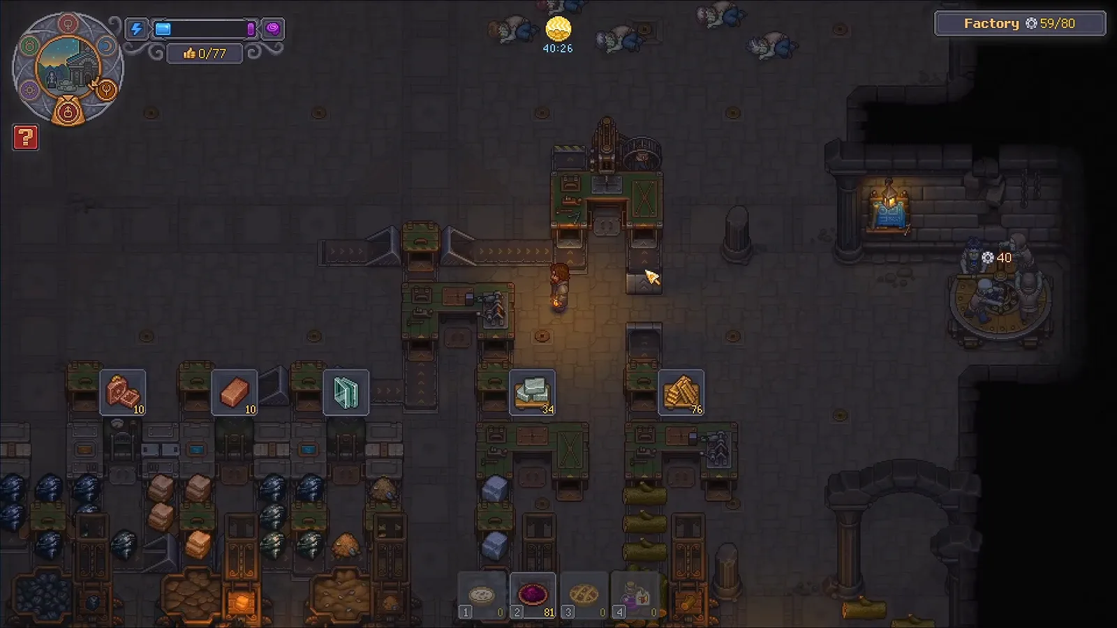 機械チェストへのベルト分岐 Graveyard Keeper 2の工場でベルトの分岐がコンベアチェストへ入り、Drill press拡張付きのAssembly機械が隣に並ぶ画面