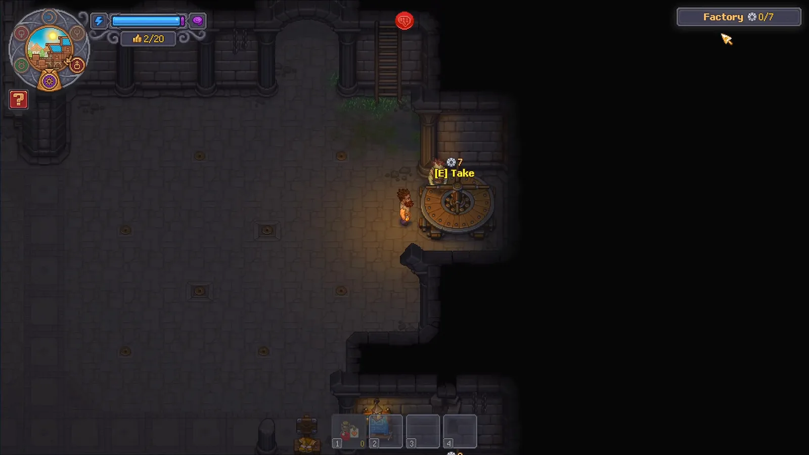 動力7を生むCarousel Graveyard Keeper 2の地下作業場でZombie Carouselが動力7、Factoryカウンターが0/7を示す画面