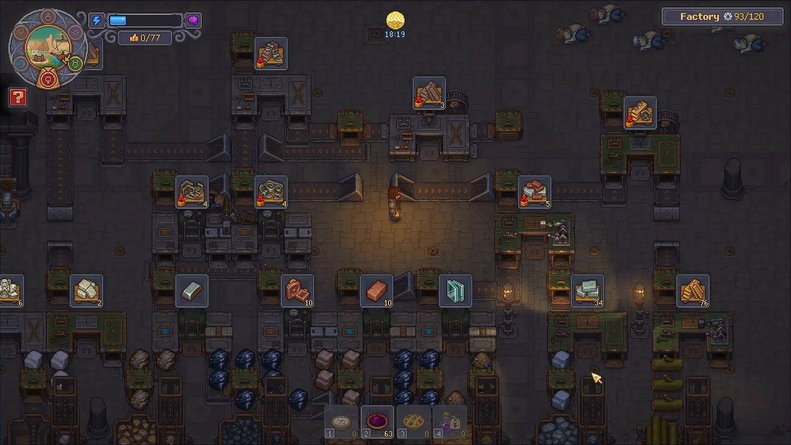完成したキットラインとFactoryカウンター Graveyard Keeper 2の完成した工場キットラインで木・石・鉄・レンガのキットが作業台の上に並び、隅にFactoryカウンターが見える画面