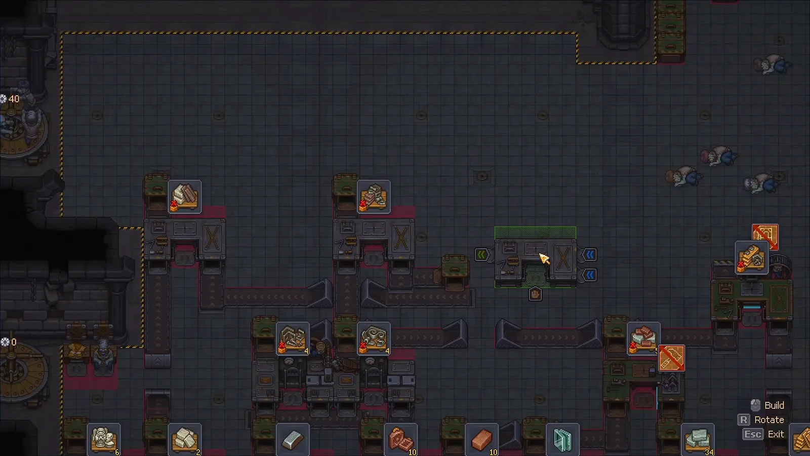 コンベアの方向シェブロン Graveyard Keeper 2の建築モードで方向シェブロン付きのコンベアを機械の隣に設置し、Build・Rotate・Exitの表示が出ている画面