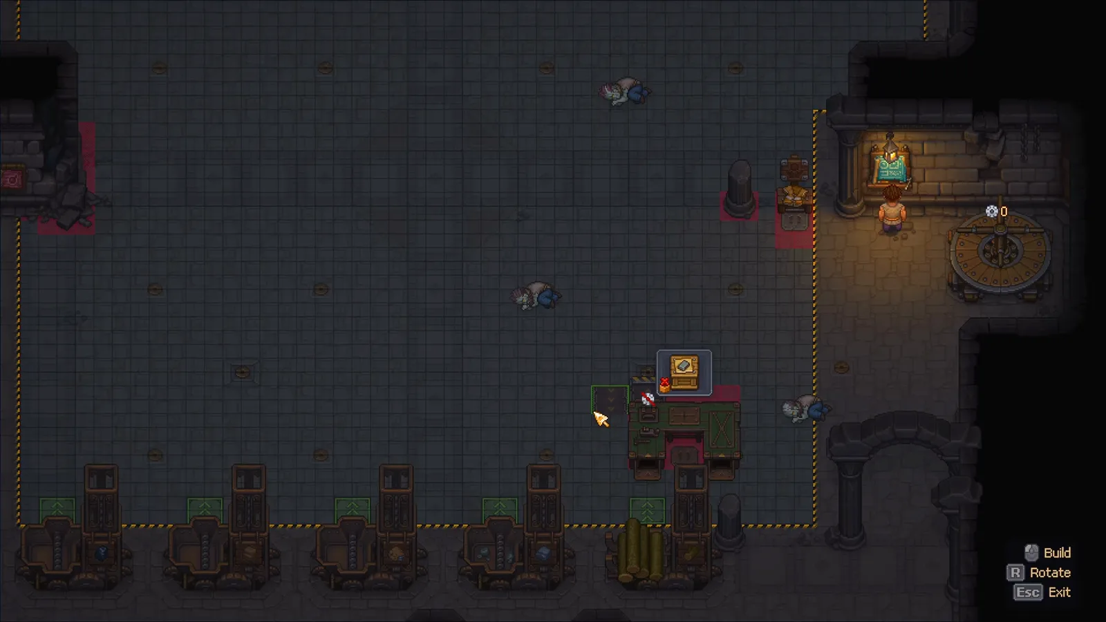 建築モードの供給棚出力矢印 Graveyard Keeper 2の工場建築モードで黄色い区画境界、資源供給棚の出力矢印、選択中の機械の設置範囲を表示した画面