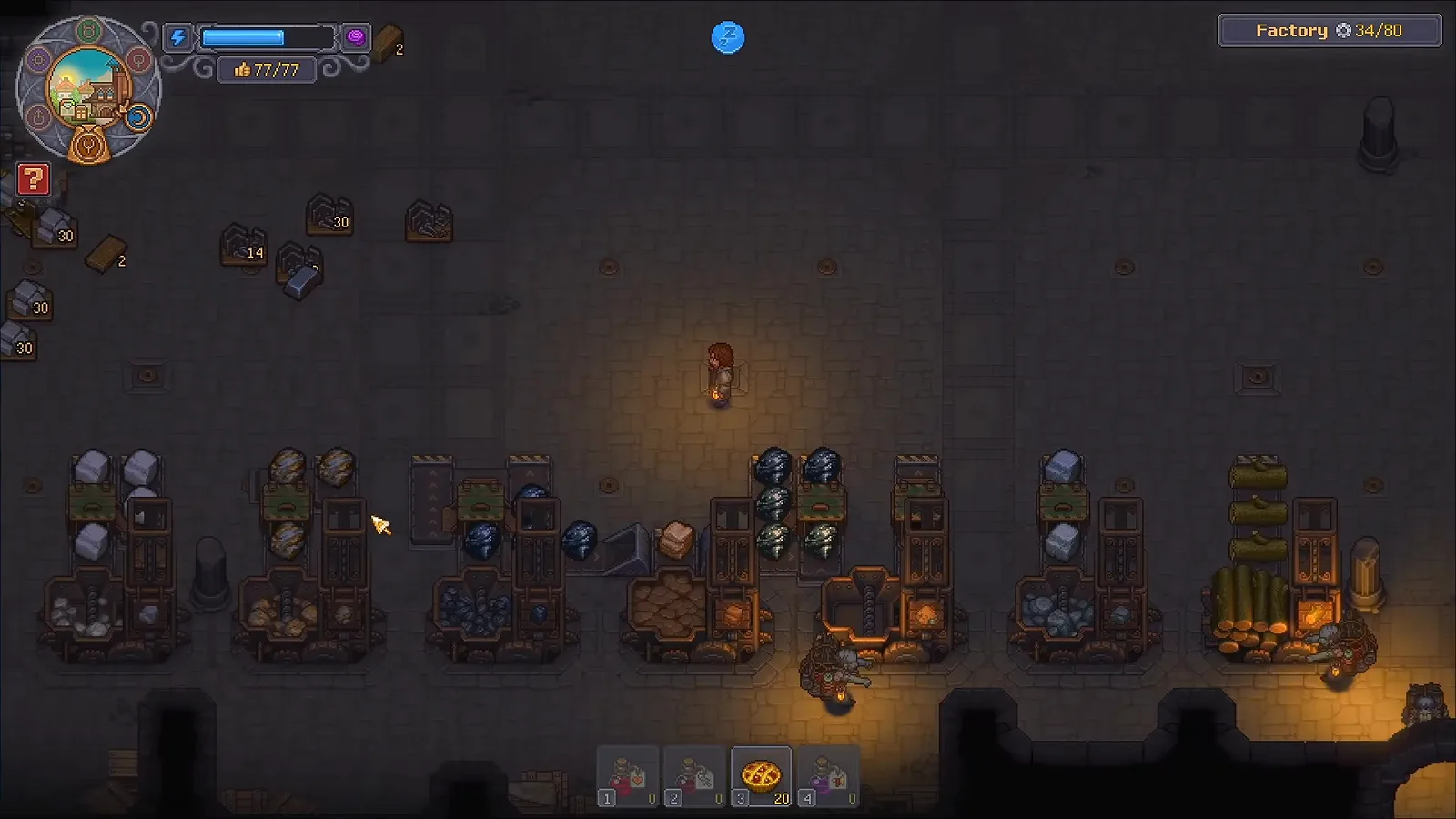 資源供給棚とチェスト出口 Graveyard Keeper 2の工場でstone、clay、coal、iron、marble、woodの資源供給棚とベルト出口のチェストを並べた画面