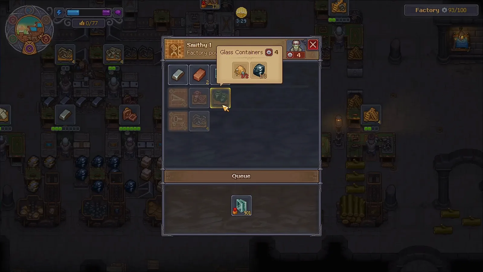 Smithyのレシピ切り替え Graveyard Keeper 2のSmithy Iレシピ画面でGlass Containersのツールチップを選択し、レシピ一覧とキューのガラスが表示されている画面