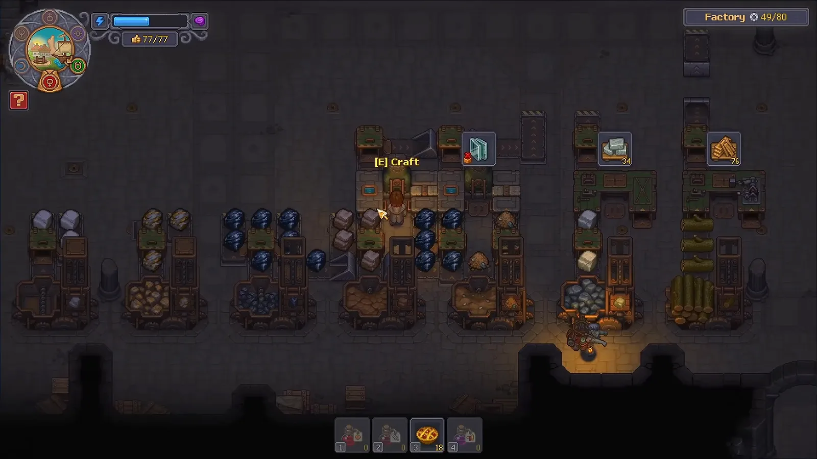 作業台の列とキット出力 Graveyard Keeper 2の工場生産列で各機械の上に完成キットが浮かび、下の壁沿いに資源棚が並ぶ画面