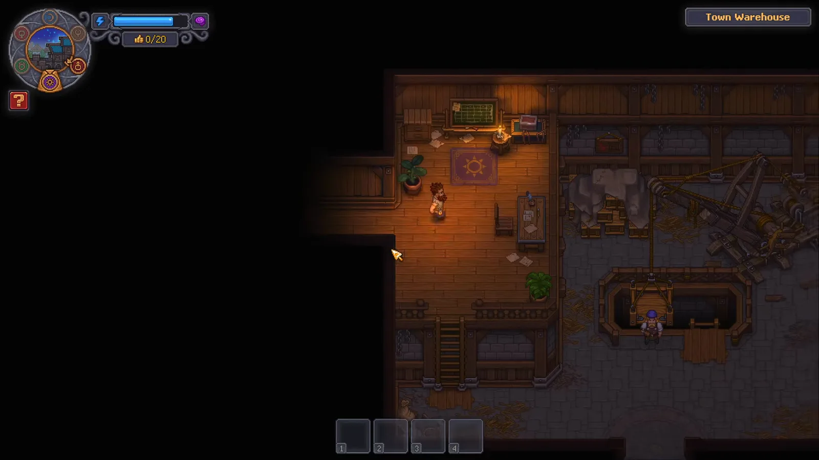 Town Warehouse interior with the orders board and lower loading area visible in Graveyard Keeper 2