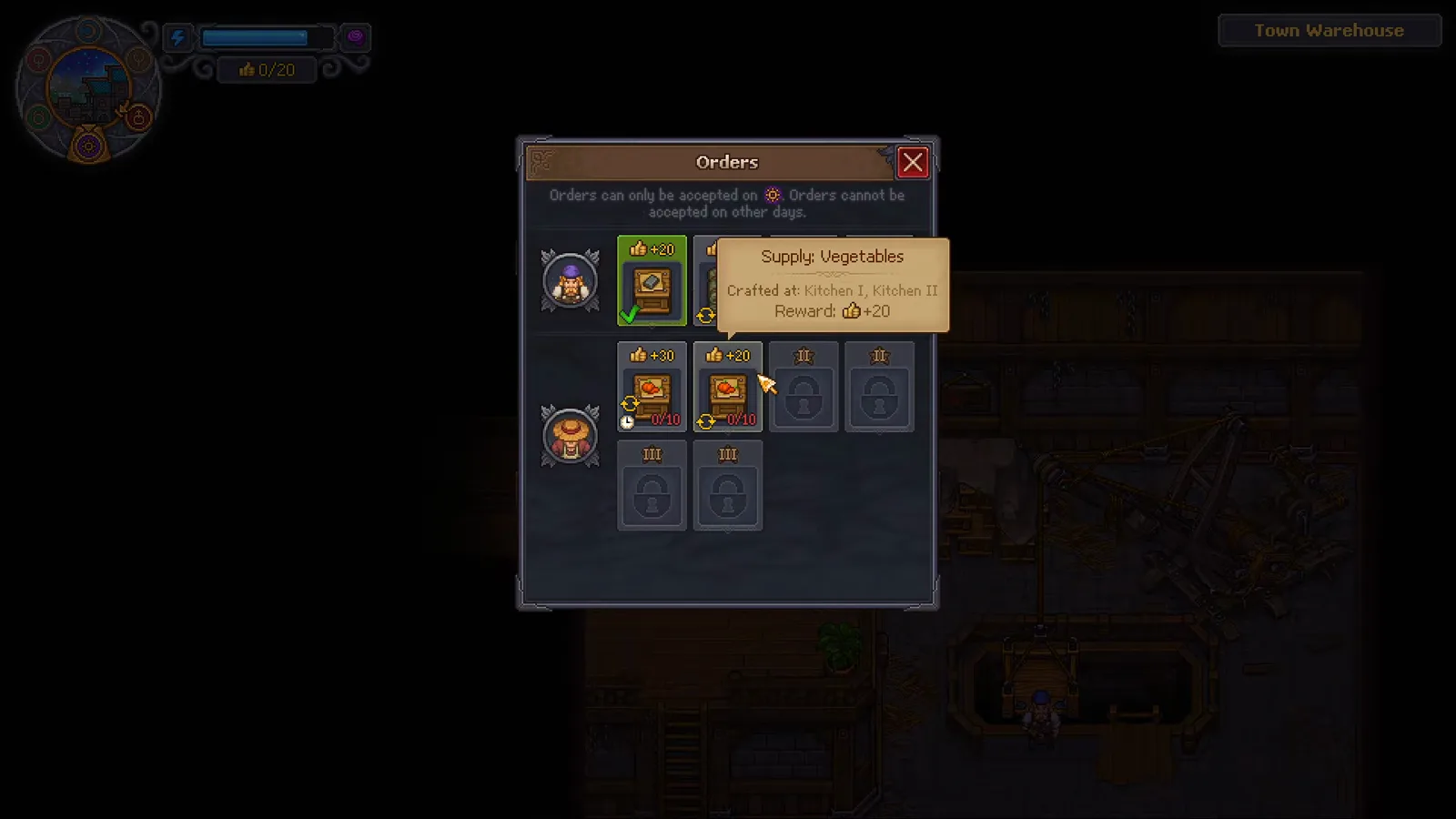 Town Warehouse orders board showing repeatable supply cards and the purple order-day notice in Graveyard Keeper 2