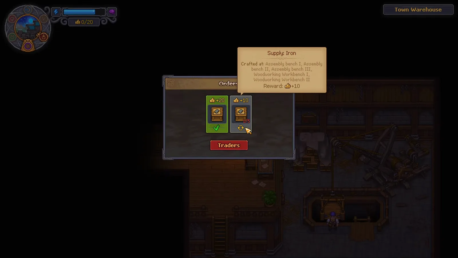 Graveyard Keeper 2 Supply Iron order card showing its crafting stations, reward, and one-of-five progress counter