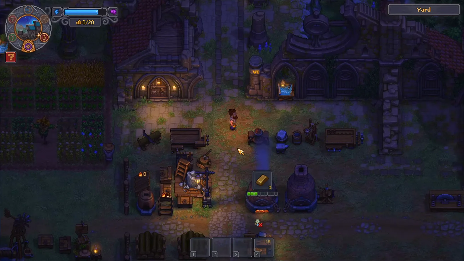 Graveyard Keeper 2 yard with the workbench area and a carried supply item ready for a Town Warehouse order