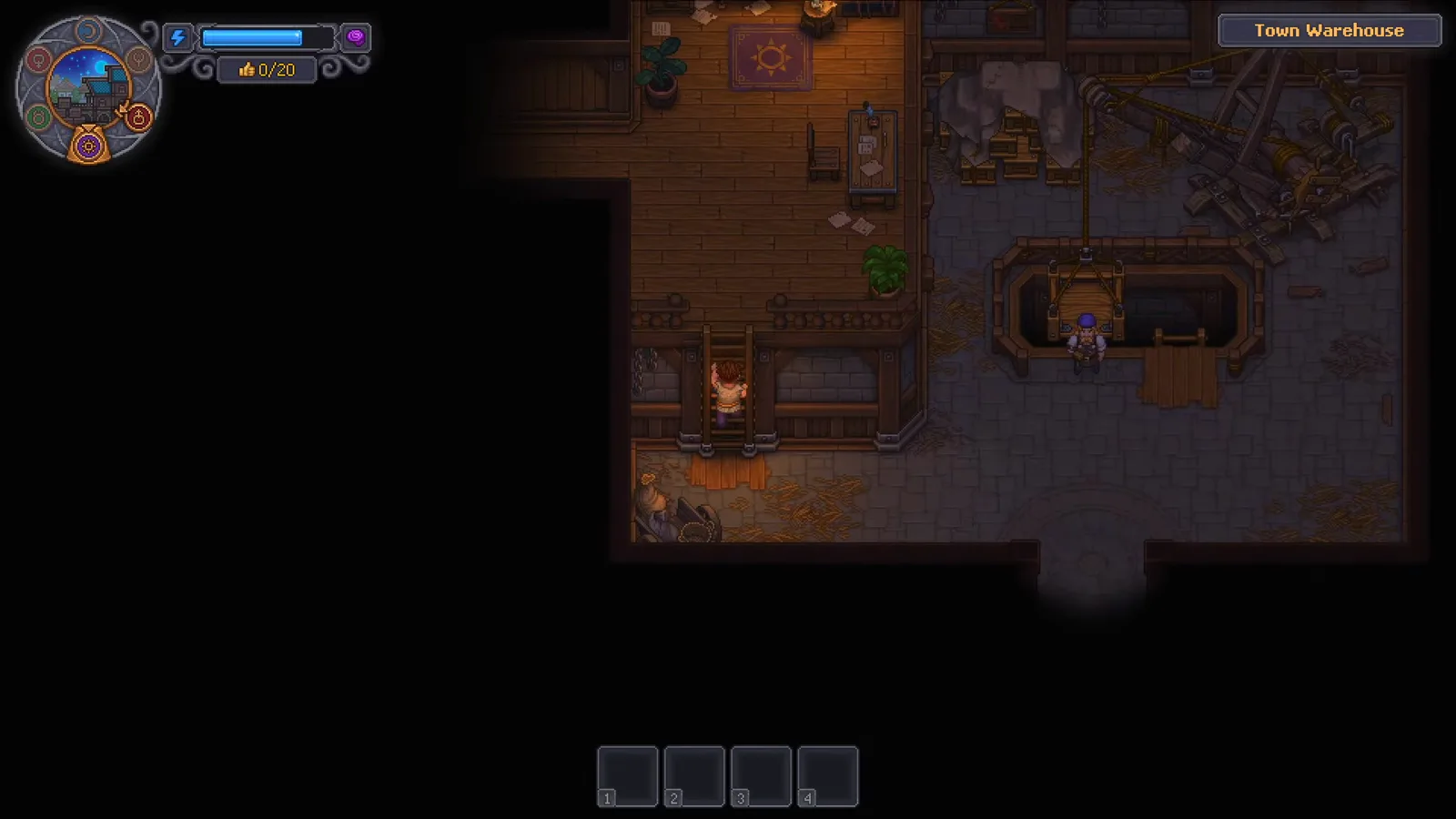Graveyard Keeper 2 player carrying an order supply down the Town Warehouse ladder toward the delivery area