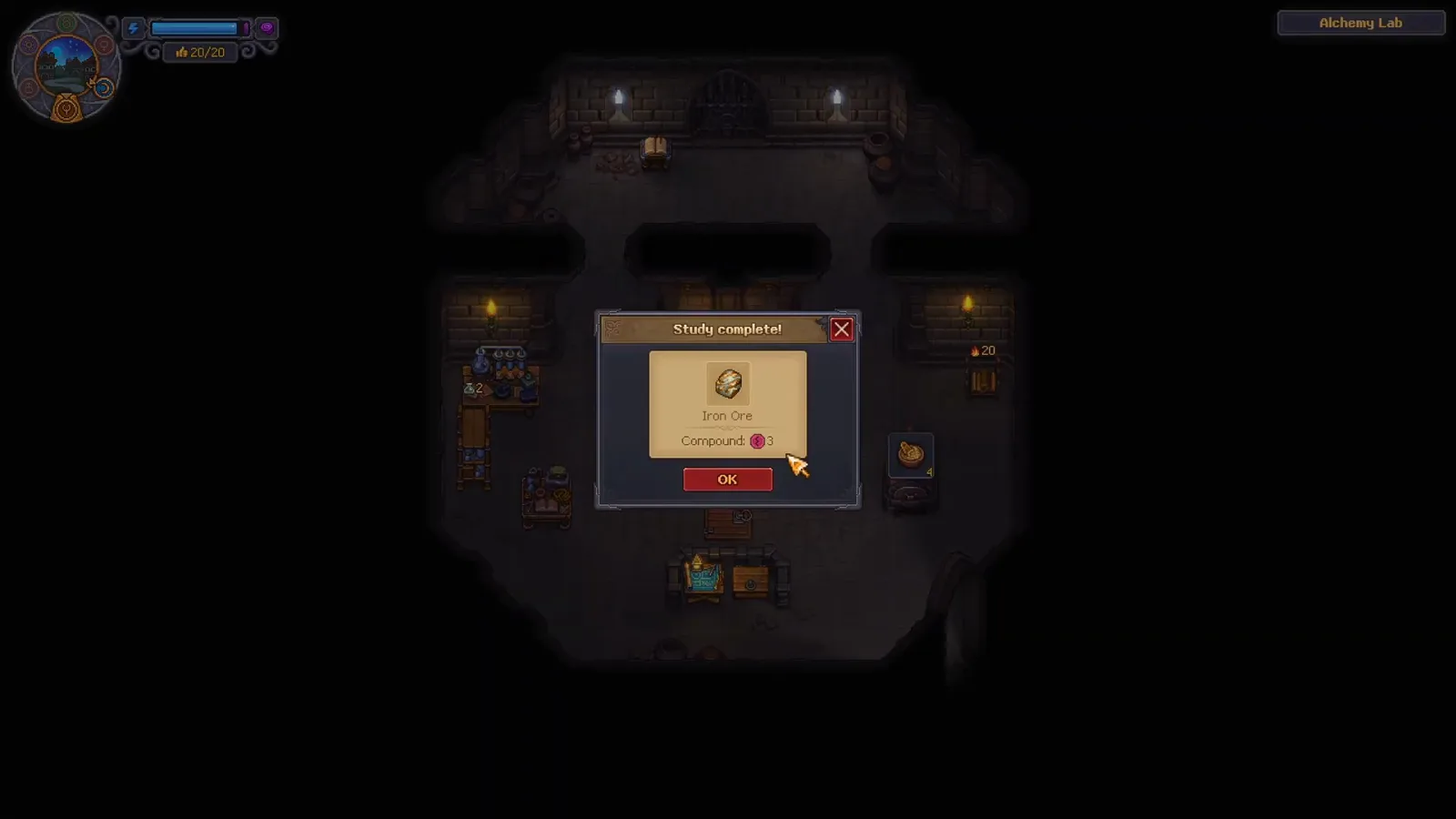 Graveyard Keeper 2 Study complete dialog showing Iron Ore research awarding Compound: 3
