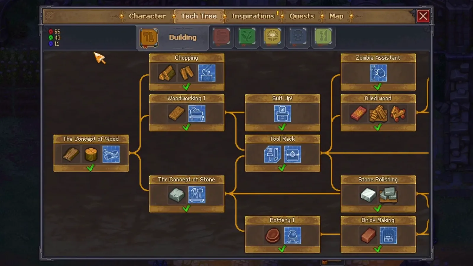 Graveyard Keeper 2 Building tech tree with the five branch tabs and connected Chopping, Woodworking I and Tool Rack nodes visible