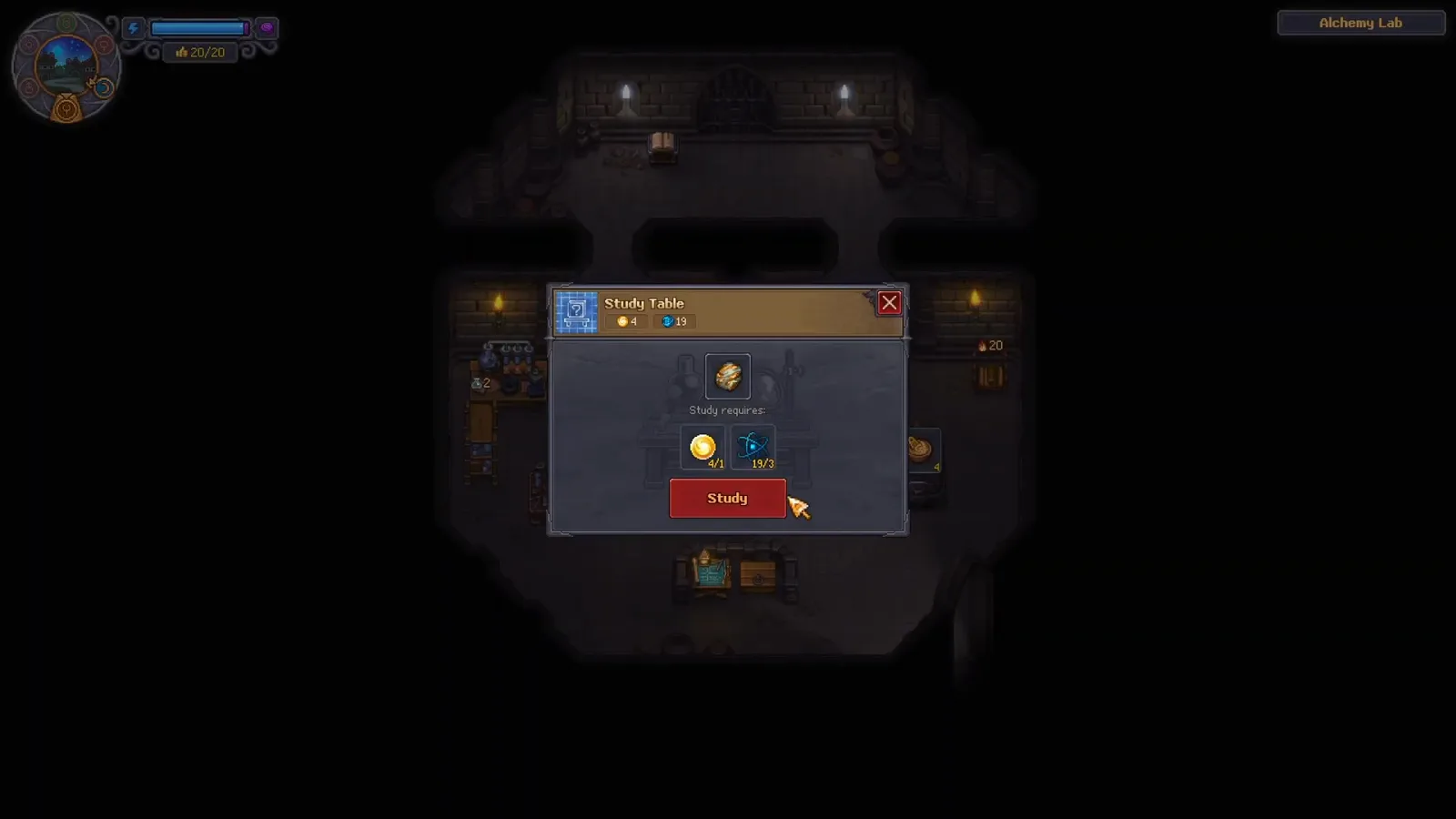 Graveyard Keeper 2 Study Table showing the selected item, current faith and science requirements, and the Study button