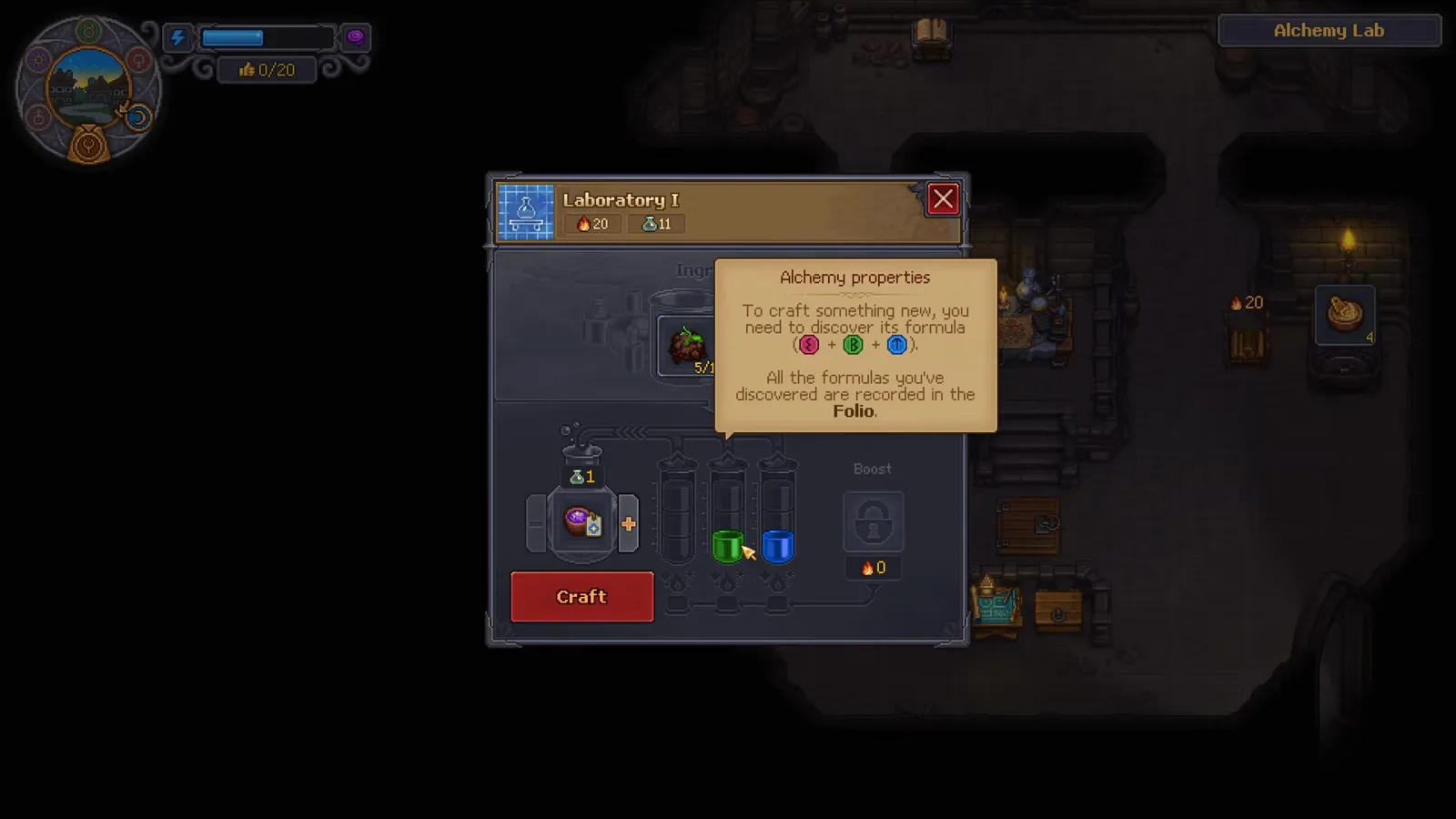 Graveyard Keeper 2 Laboratory I window with the Alchemy properties tooltip explaining formulas and the Folio above green and blue rune lamps