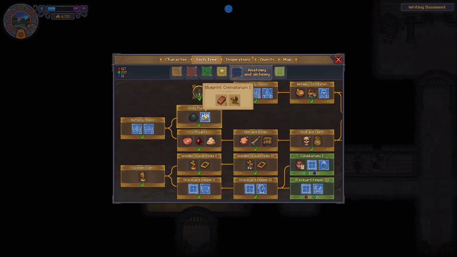Graveyard Keeper 2 Tech Tree Anatomy and alchemy tab with the Blueprint Crematorium I tooltip open over the gravestone line