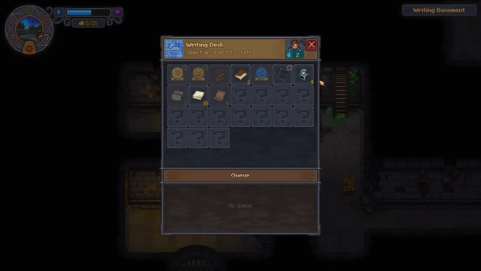 Graveyard Keeper 2 Writing Desk recipe grid showing paper, ink, book and prayer crafts unlocked with most slots still marked with question marks