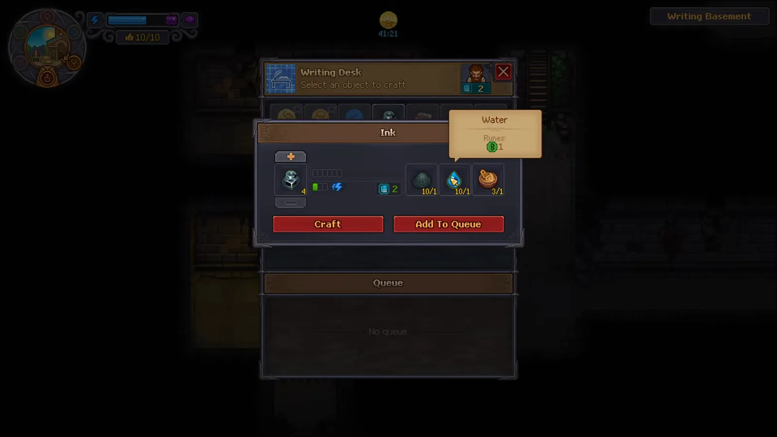 Graveyard Keeper 2 Writing Desk Ink recipe with Ash, Water and Melted Fat slots at one each and a Water tooltip showing one green rune