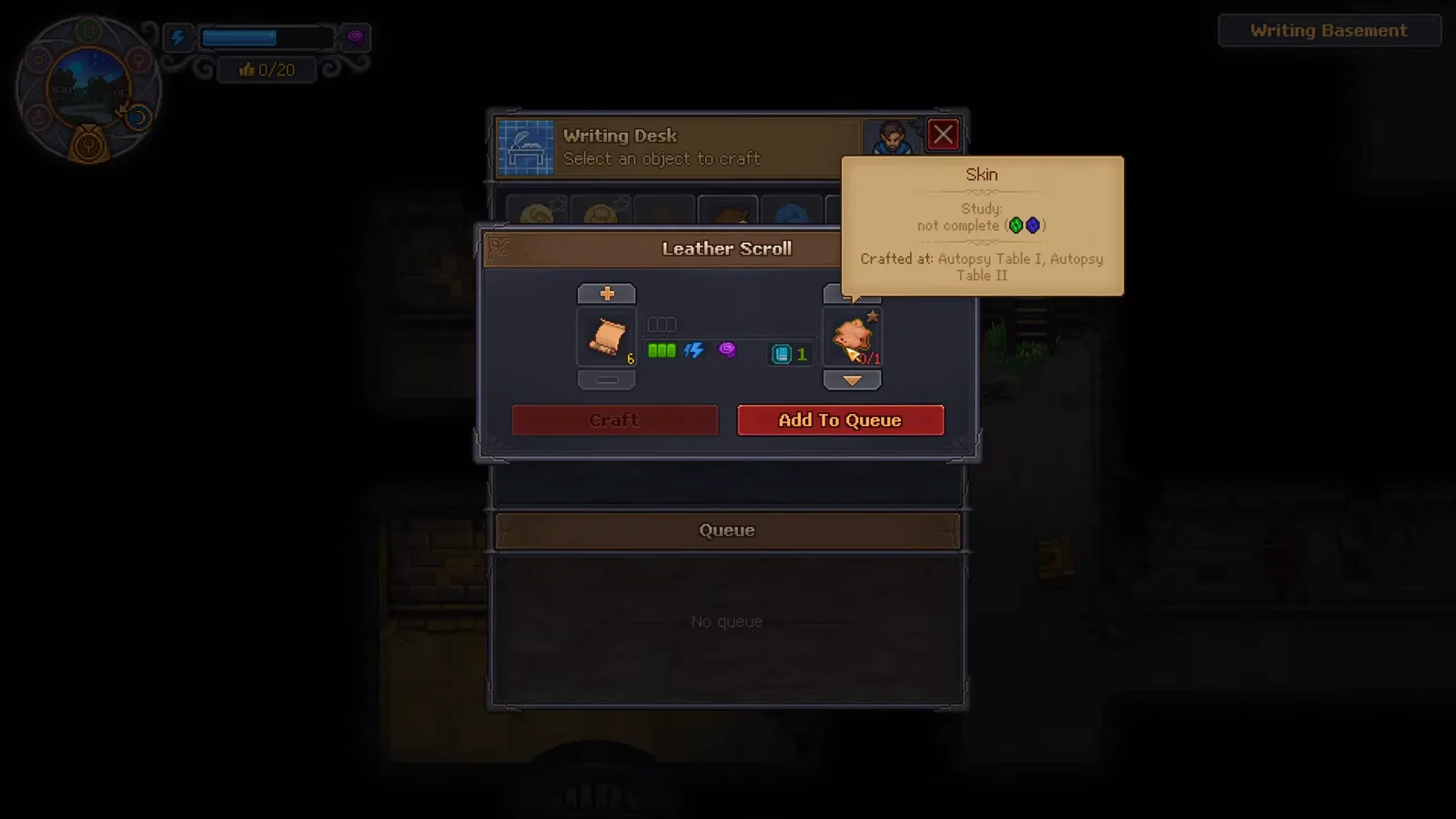 Graveyard Keeper 2 Writing Desk Leather Scroll recipe with the Skin tooltip naming the Autopsy Table as its source