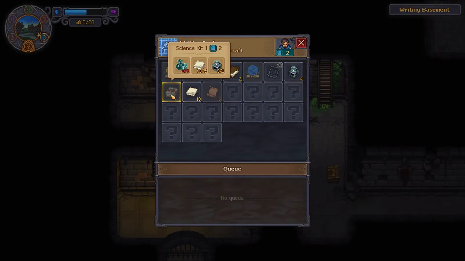 Graveyard Keeper 2 Writing Desk Science Kit I recipe showing ingredient demands of one alchemy flask, five Clean Paper and one Ink