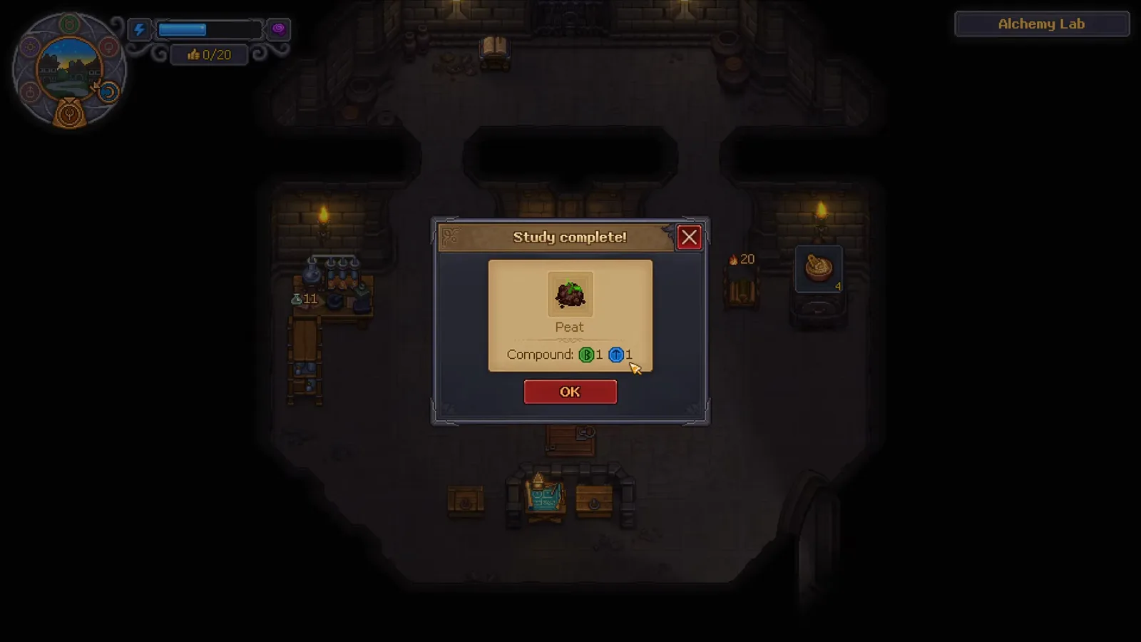 Graveyard Keeper 2 Study complete popup for Peat showing a compound of one green and one blue rune