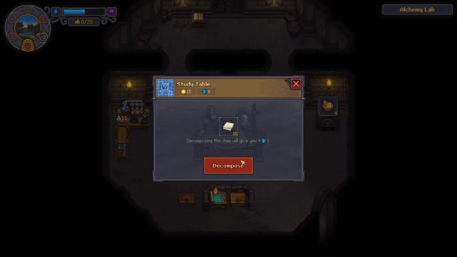 Graveyard Keeper 2 Study Table dialog reading Decomposing this item will give you plus one with a stack of ten Clean Paper and the Decompose button