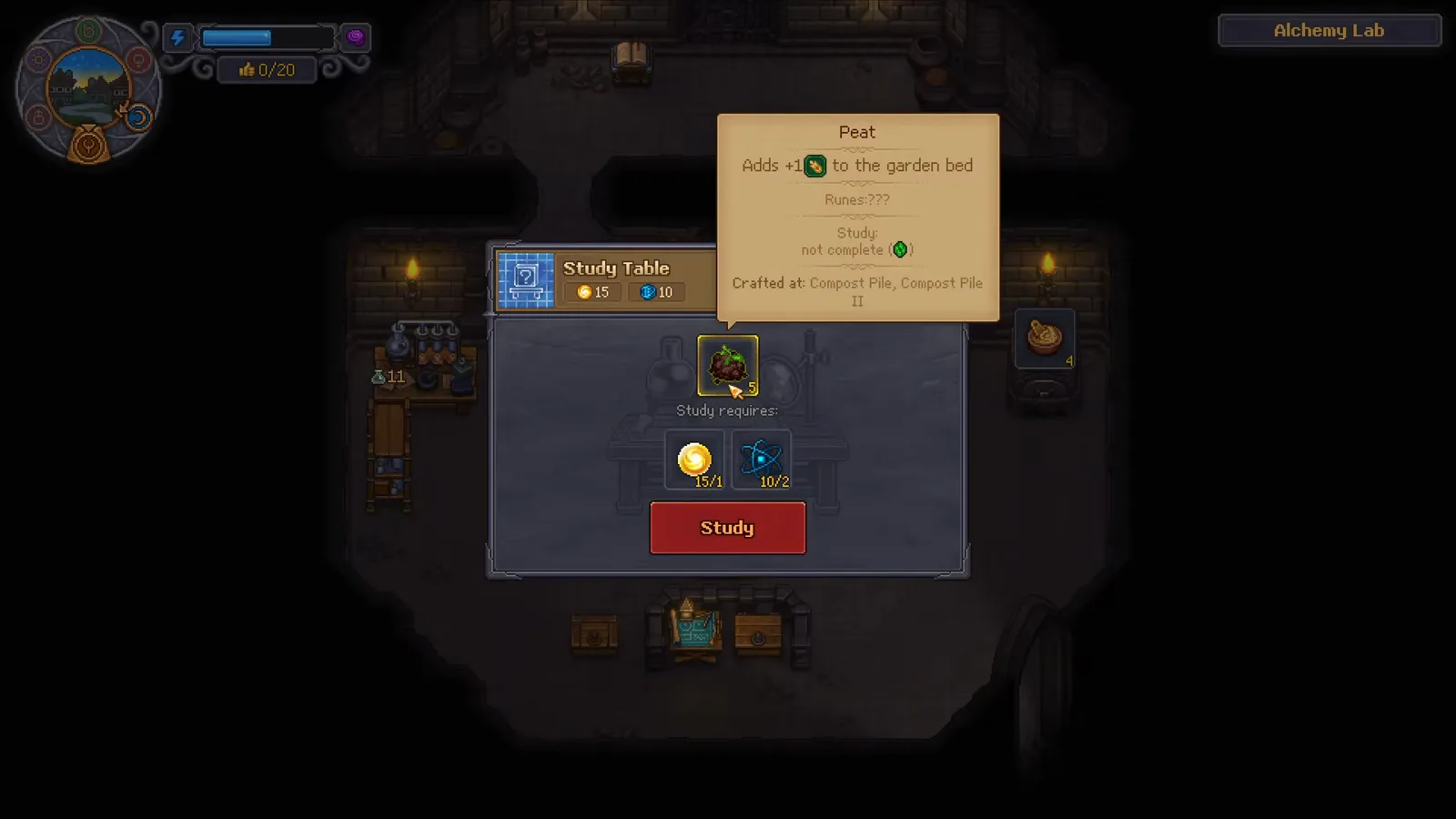 Graveyard Keeper 2 Study Table showing the Study requires row at one Faith and two Science for a stack of Peat