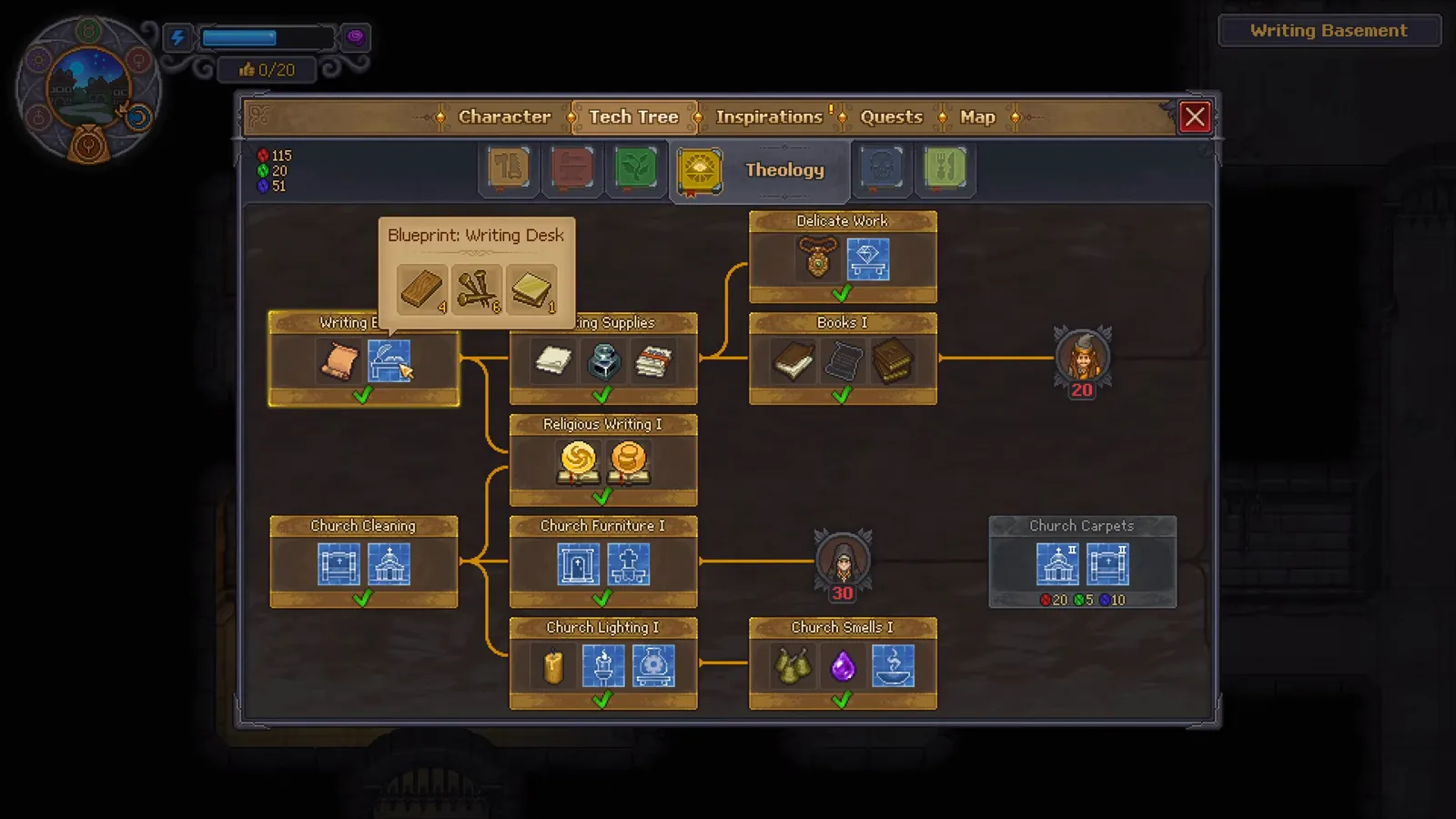 Graveyard Keeper 2 Tech Tree Theology tab with the Blueprint Writing Desk tooltip showing 4 wooden planks, 6 bronze nails and 1 polished bronze