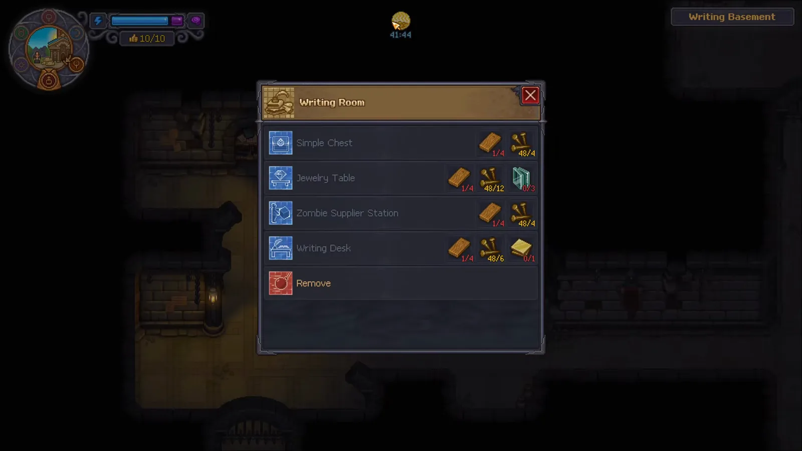 Graveyard Keeper 2 Writing Room build panel listing the Writing Desk beside the Simple Chest, Jewelry Table and Zombie Supplier Station with plank, nail and bronze costs